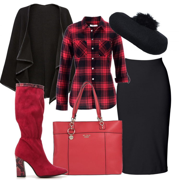 Outfit donna - Una donna originale. Stile Trendy per Ufficio. Abbinamento con camicie, gonne longuette, cappotti, borse a mano, stivali, berretti.