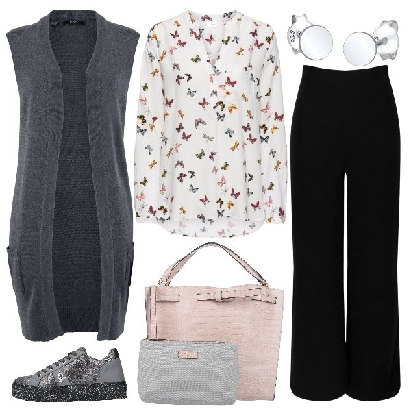 Outfit donna - Sneaker grigia. Stile Basic per Ufficio. Abbinamento con bluse, gilet, sneakers, borse a mano, pantaloni, orecchini.