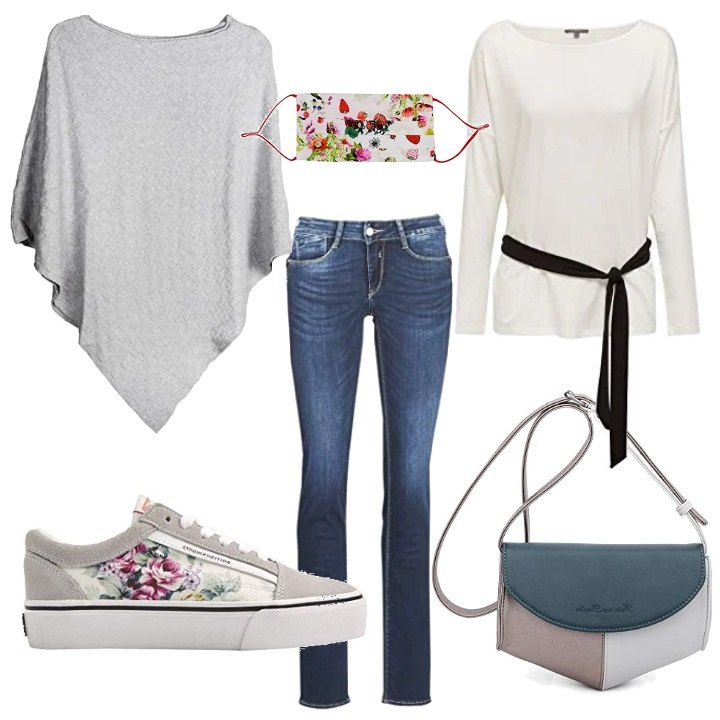 Outfit donna - Un pizzico floreale OLDRISA. Stile Basic per Scuola/Università. Abbinamento con pullovers, cappotti, sneakers, sciarpe, borse a tracolla, jeans dritti.