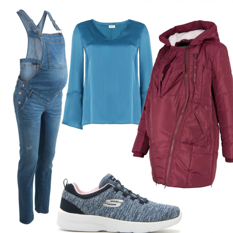 Outfit donna - Una calda dolcissima attesa. Stile Basic per Tutti i giorni. look ideale per Premaman. Abbinamento con salopette, piumini, bluse, sneakers.