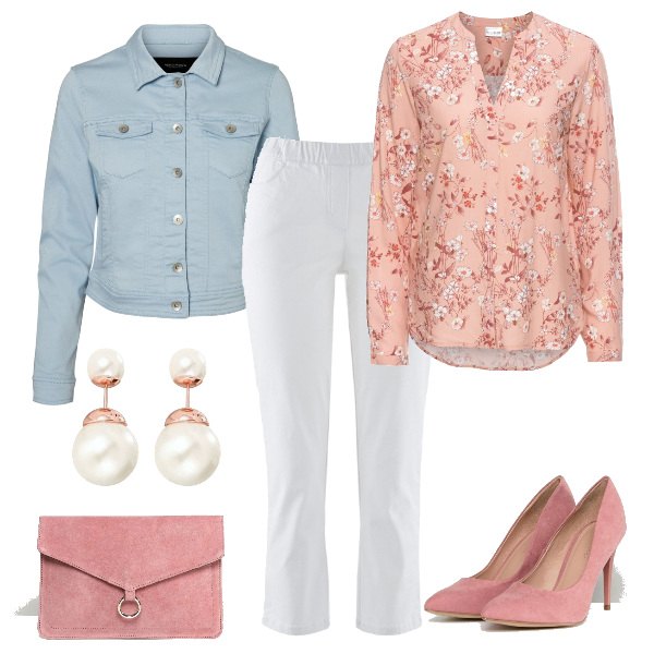 Outfit donna - La primavera. Stile Trendy per Tutti i giorni. Abbinamento con pantaloni, camicetta fantasia collo coreana rosa, orecchini con perle oro, décolleté, pochette con anello effetto scamosciato con zip in denim con tasca interna, shorts in denim.