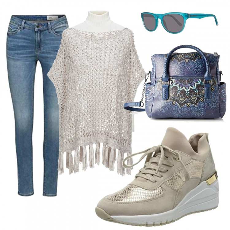 Outfit mujer - Capa Chic. Estilo Chic para Todos los días. Combinación con sneakers, vaqueros, bolsos de mano, gafas de sol, jerséis, prendas de punto.