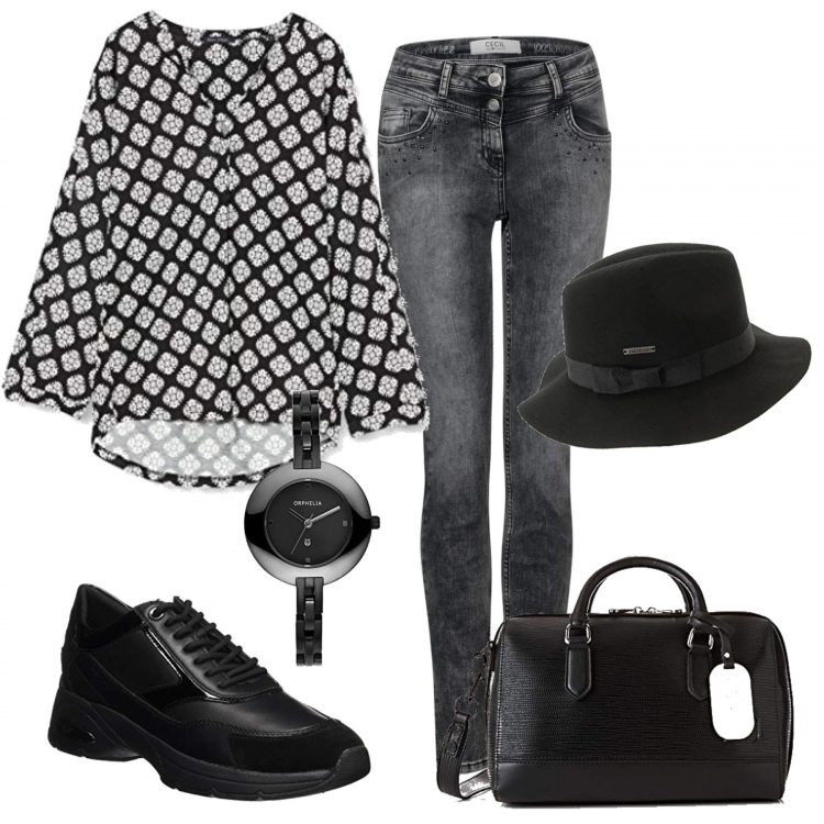 Outfit donna - Urban #25160. Stile Urban per Tutti i giorni. Abbinamento con pullovers, jeans, sneakers, borse a mano, cappelli, orologi analogici.