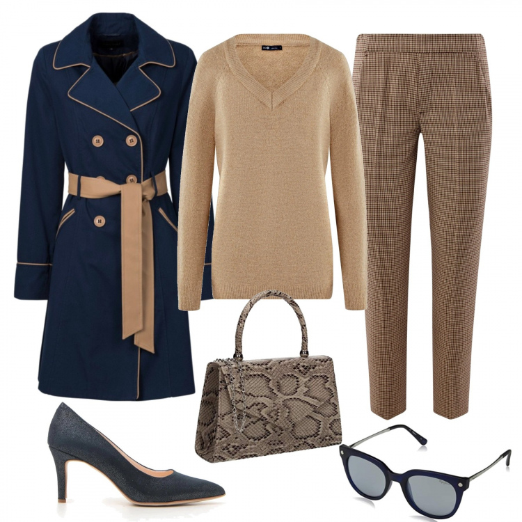 Outfit donna - Doppia fantasia. Stile Chic per Ufficio. Abbinamento con trench, maglioni, pantaloni, pochette, décolleté, occhiali da sole.