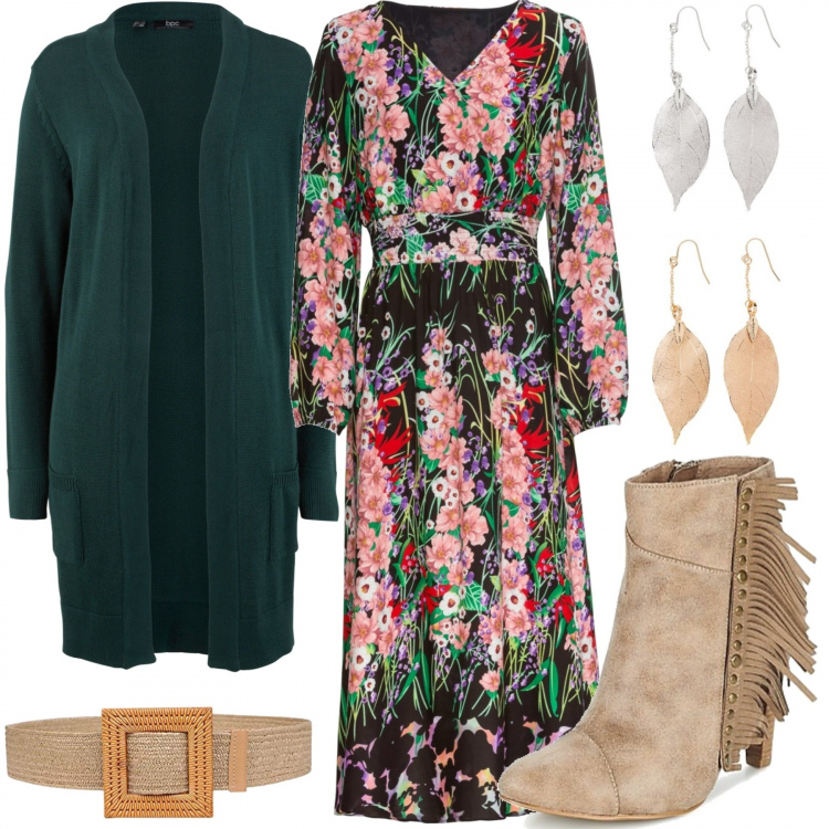 Outfit donna - Boho style. Stile Trendy per Tutti i giorni. Abbinamento con vestiti midi/longuette, cardigans, orecchini, stivaletti, cinture.