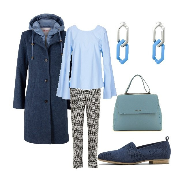 Outfit donna - Il pomeriggio è azzurro. Stile Basic per Tutti i giorni. Abbinamento con cappotti, mocassini, bluse, orecchini, pantaloni, borse a mano.