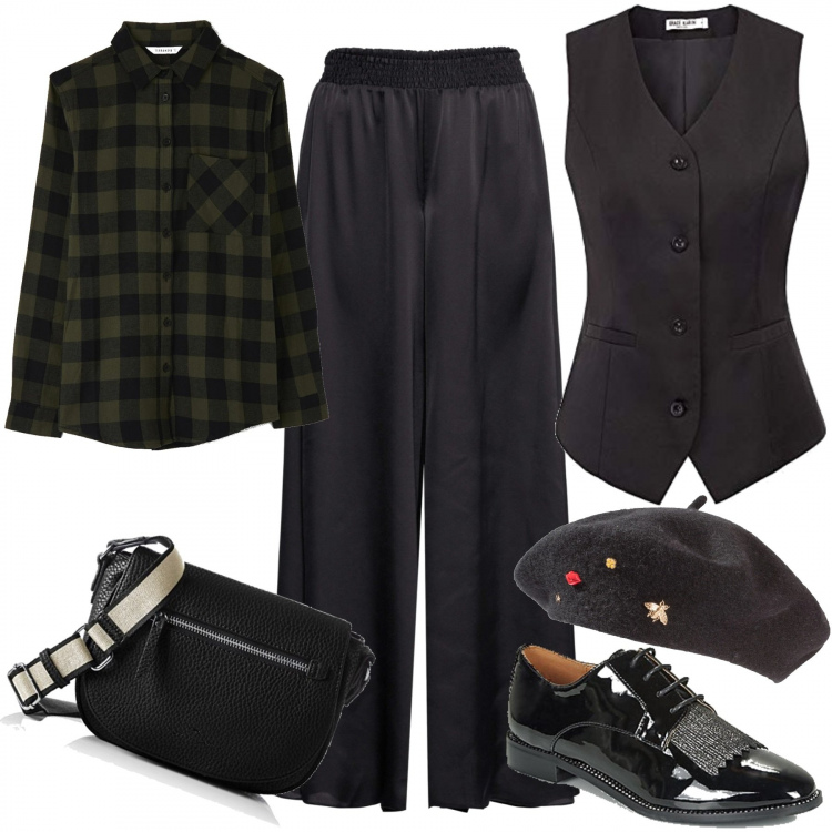 Outfit donna - In ufficio con carattere. Stile Urban per Tutti i giorni. Abbinamento con cappelli e berretti, pantaloni a palazzo, camicie, scarpe stringate, gilet, borse a cartella.
