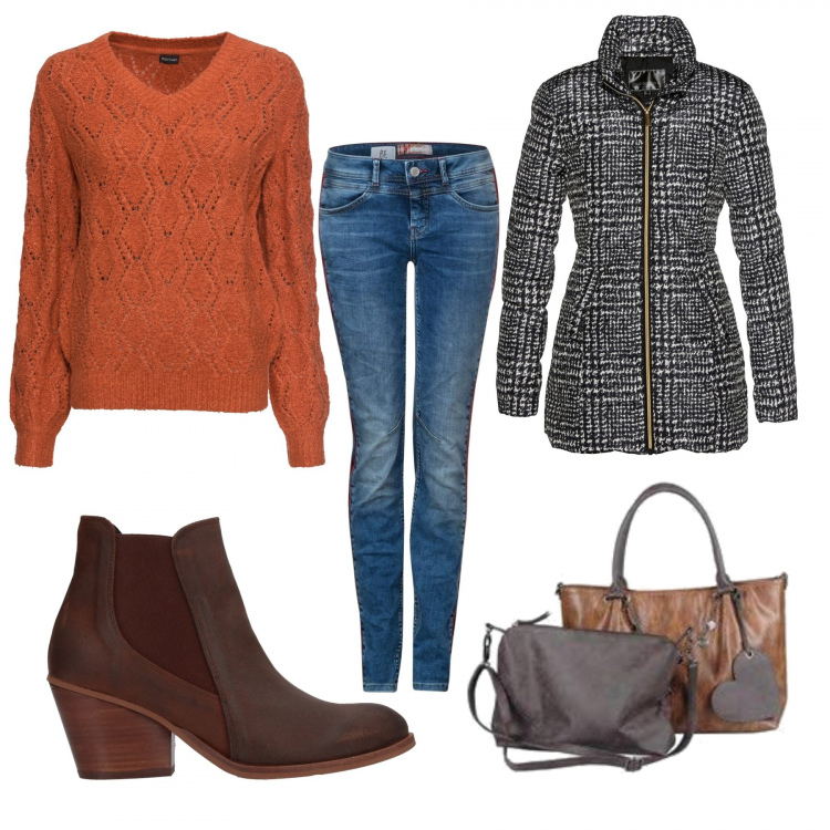Outfit donna - Spese da autunno. Stile Basic per Tutti i giorni. Abbinamento con giacche, maglioni, stivaletti, jeans, zaini.