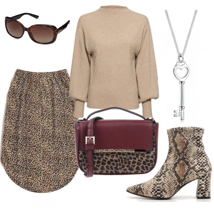 Outfit donna - Animal print lover. Stile Trendy per Tutti i giorni. Abbinamento con maglieria, borse a cartella, gonne longuette, stivaletti, ciondoli, occhiali da sole.