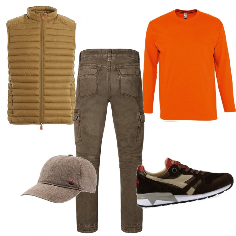 Outfit uomo - Una giornata libera. Stile Urban per Tutti i giorni. Abbinamento con t-shirt, sneakers, pantaloni cargo, cappelli, piumini.