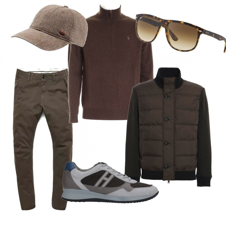 Outfit uomo - Marrone come le castagne. Stile Trendy per Tutti i giorni. Abbinamento con pantaloni chino, sneakers, occhiali da sole, bomber, cappelli, pullovers.