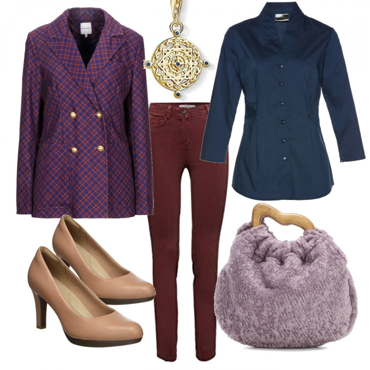 Outfit donna - Brown and violet. Stile Bon Ton per Ufficio. Abbinamento con blazer, camicie, scarpe col tacco, ciondoli, clutch, pantaloni.