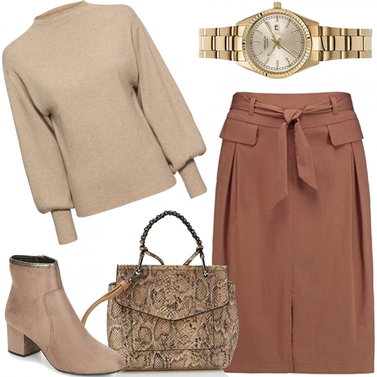 Outfit donna - A lezione di inglese. Stile Chic per Scuola/Università. Abbinamento con maglieria, stivaletti, gonne, borse a tracolla, orologi analogici.