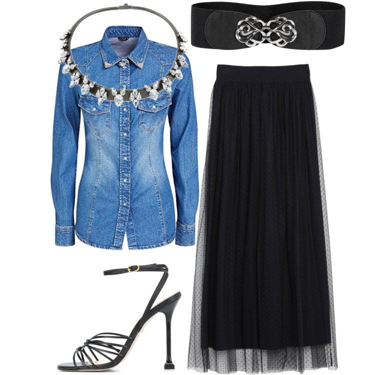 Outfit donna - Trendy con la camicia in jeans. Stile Trendy per Serata fuori. Abbinamento con cinture, gonne lunghe, collane, sandali col tacco, camicie.