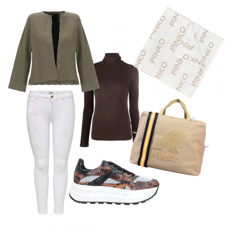 Outfit donna - Lupetto marrone. Stile Trendy per Tutti i giorni. Abbinamento con sneakers, cardigans, borse a mano, sciarpe, maglieria, jeans skinny.