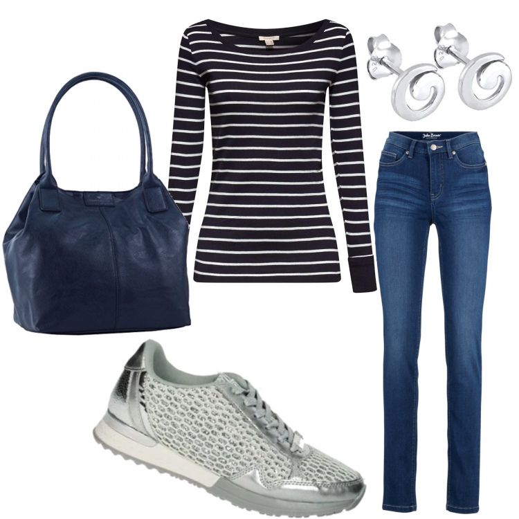 Outfit donna - Essential chic. Stile Chic per Tutti i giorni. Abbinamento con jeans, sneakers, shopping bag, pullovers, orecchini.
