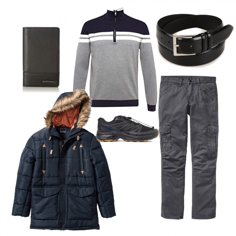 Outfit uomo - 5 tendenze per l’autunno. Stile Trendy per Tutti i giorni. Abbinamento con pantaloni cargo, piumini, portafogli, cinture, maglioni, sneakers.