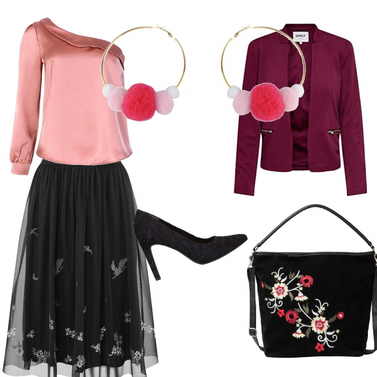 Outfit donna - Chic #36958. Stile Chic per Serata fuori. Abbinamento con borse a tracolla, bluse, décolleté, orecchini, gonne longuette, blazer.