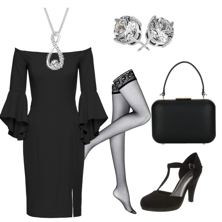Outfit donna - #Curvy di sera. Stile Sexy per Serata fuori. Abbinamento con vestiti midi/longuette, calzini, borse a mano, scarpe col tacco, orecchini, collane.