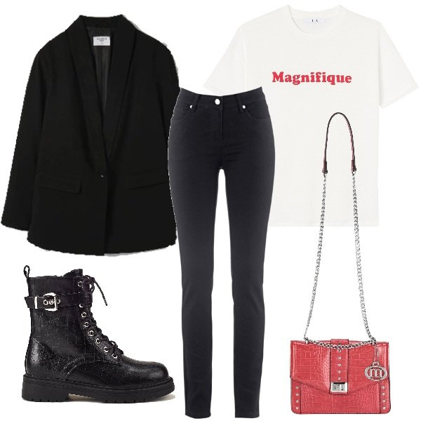 Outfit donna - Borsa e stivali in cocco. Stile Trendy per Tutti i giorni. Abbinamento con jeans slim fit, borse a tracolla, blazer, anfibi, t-shirt.