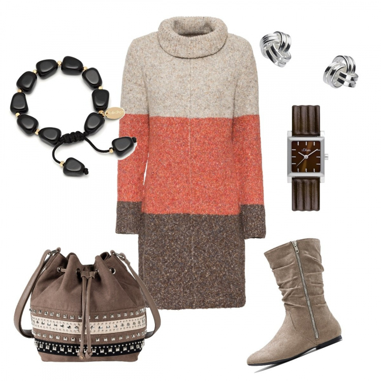 Outfit donna - Collo alto caldo caldo. Stile Trendy per Tutti i giorni. Abbinamento con vestiti, stivali, borse a mano, braccialetti, orecchini, orologi.