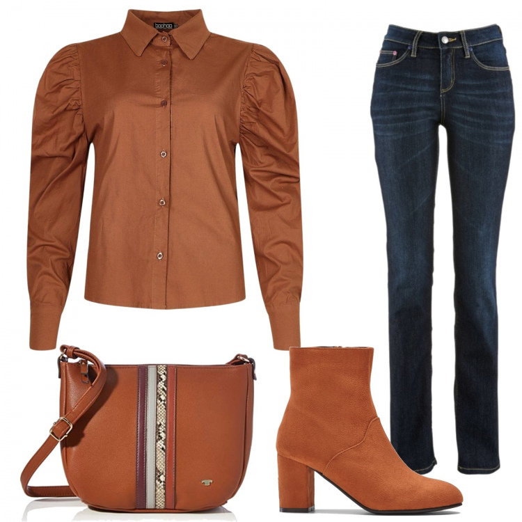 Outfit donna - Outfit autunnale. Stile Trendy per Tutti i giorni. Abbinamento con jeans dritti, stivaletti, camicie, borse a spalla.
