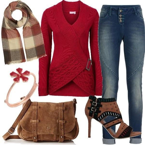 Outfit donna - Marrone caldo. Stile Trendy per Tutti i giorni. Abbinamento con jeans boyfriend, maglieria, stivaletti, anelli, borse a tracolla, sciarpe.
