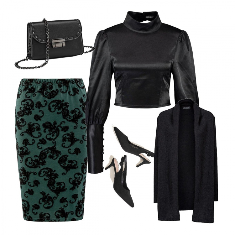 Outfit donna - A cena con amici. Stile Rock per Serata fuori. Abbinamento con cardigans, top, gonne longuette, borse a tracolla, décolleté.