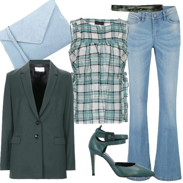Outfit donna - Stilosa in ufficio col blazer. Stile Trendy per Ufficio. Abbinamento con jeans bootcut, décolleté, top, cinture, borse a tracolla, blazer.