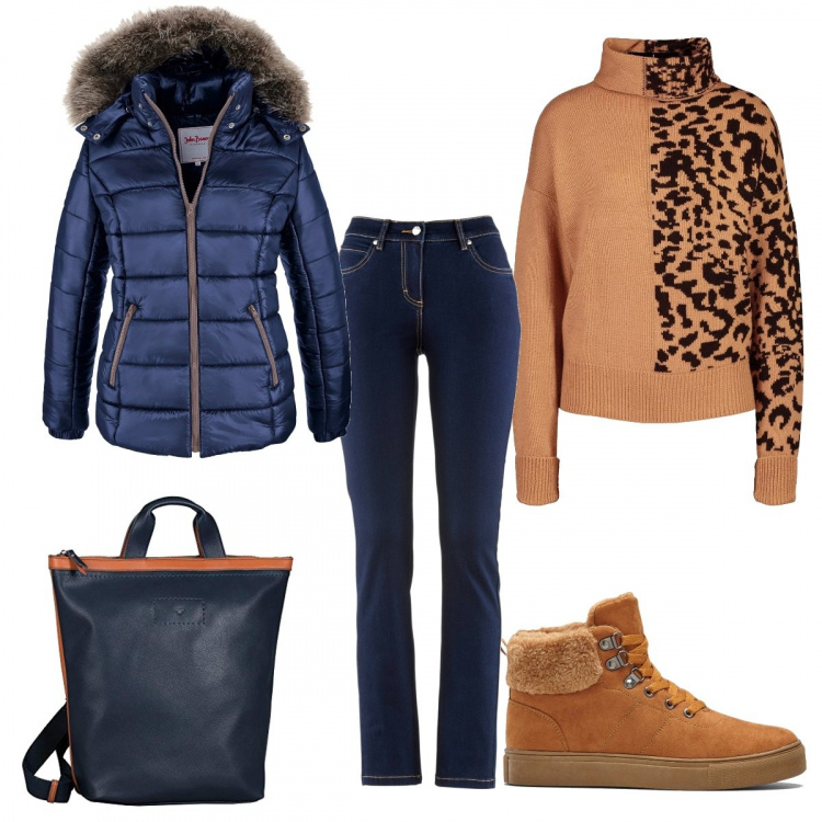 Outfit donna - In caso di freddo. Stile Urban per Tutti i giorni. Abbinamento con piumini, jeans dritti, sneakers alte, pullovers, zaini.