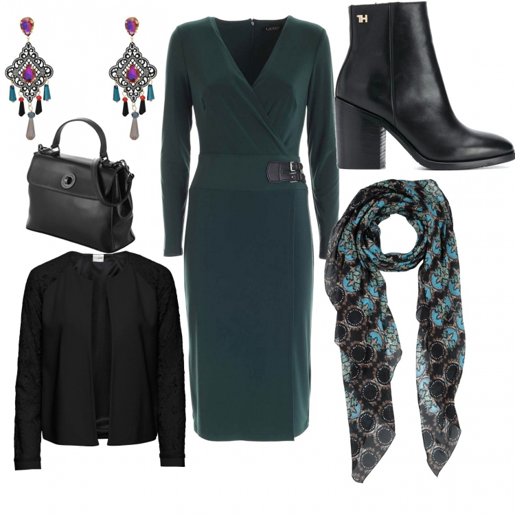 Outfit donna - Pronta per l\'ufficio. Stile Bon Ton per Ufficio. Abbinamento con blazer, foulard, orecchini, stivaletti, vestiti, borse a mano.