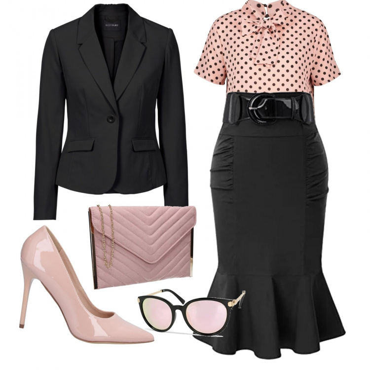 Outfit donna - Le curve.. del tailleur. Stile Chic per Ufficio. Abbinamento con décolleté, blazer, camicie a manica corta, gonne longuette, pochette, occhiali da sole.