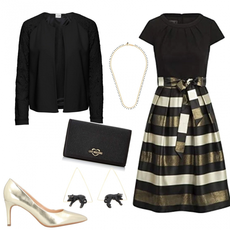 Outfit donna - Super chic. Stile Chic Abbinamento con blazer, décolleté, orecchini, collane, vestiti, pochette.