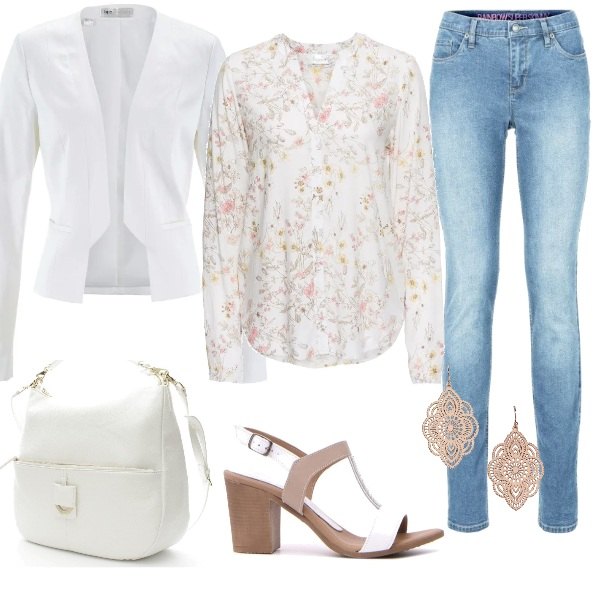 Outfit donna - Bianco. Stile Trendy per Tutti i giorni. Abbinamento con camicie, orecchini in oro rosa.