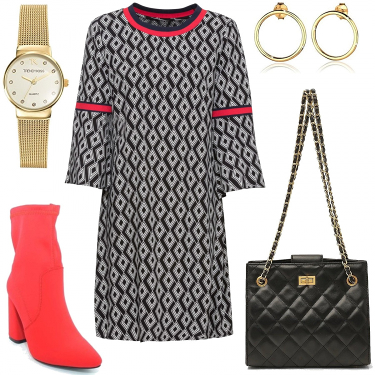Outfit donna - Appuntamento dal commercialista. Stile Chic per Tutti i giorni. Abbinamento con vestiti, borse tote, stivaletti, orologi, orecchini.