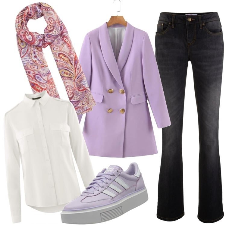 Outfit donna - Corro in ufficio.... Stile Trendy per Ufficio. Abbinamento con jeans bootcut, blazer, sneakers, camicie, sciarpe.