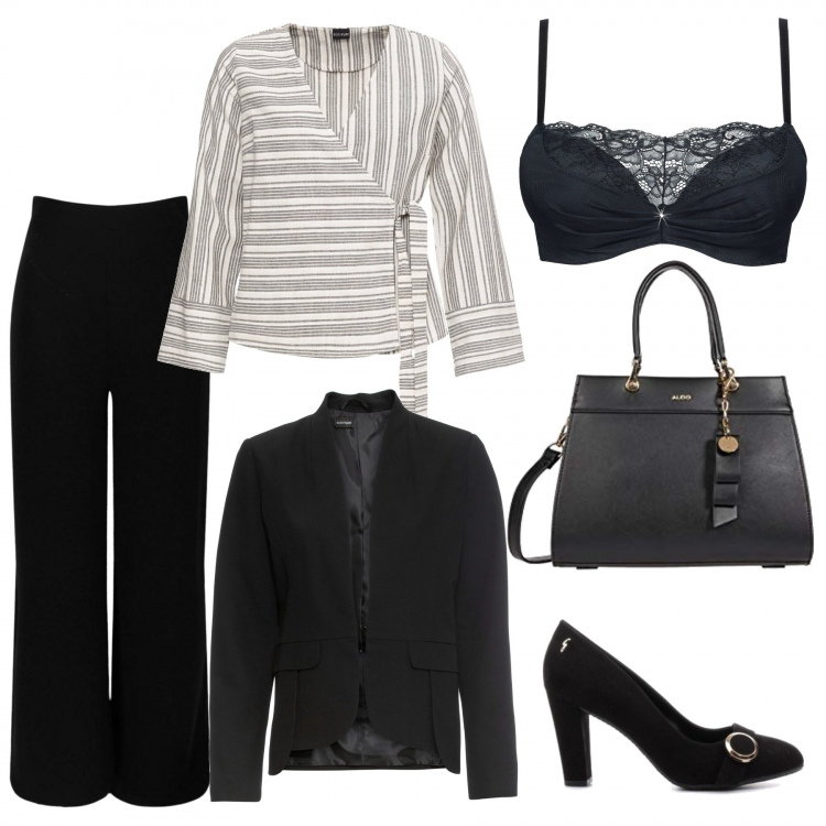 Outfit donna - #Curvy chic in ufficio. Stile Chic per Ufficio. Abbinamento con reggiseni push-up, blazer, blazer, pantaloni, décolleté, borse tote.
