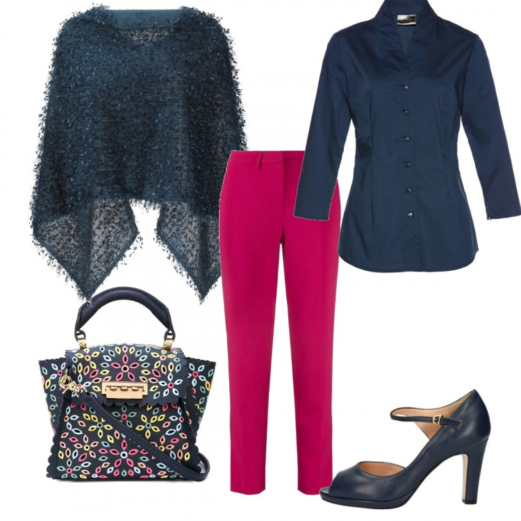 Outfit donna - Total look da ufficio. Stile Trendy per Ufficio. Abbinamento con cappe, camicie, décolleté, borse a tracolla, pantaloni.