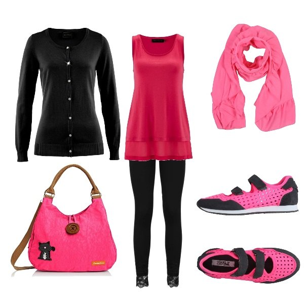 Outfit donna - Fucsia e Nero. Stile Basic per Tutti i giorni. Abbinamento con cardigans, leggings.
