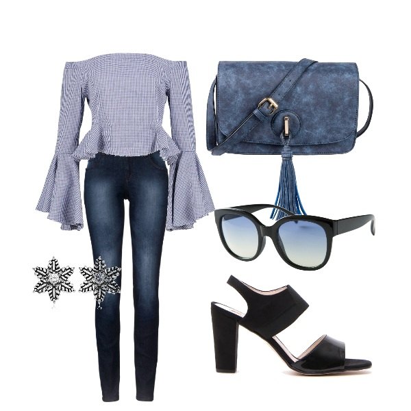 Outfit donna - Folk con stile. Stile Trendy per Tutti i giorni. Abbinamento con jeans skinny, sandali.