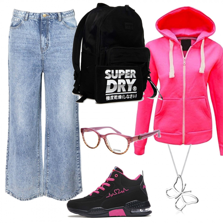 Outfit donna - Urban #25554. Stile Urban per Scuola/Università. Abbinamento con jeans, felpe con cappuccio, sneakers, ciondoli, zaini, occhiali da sole.