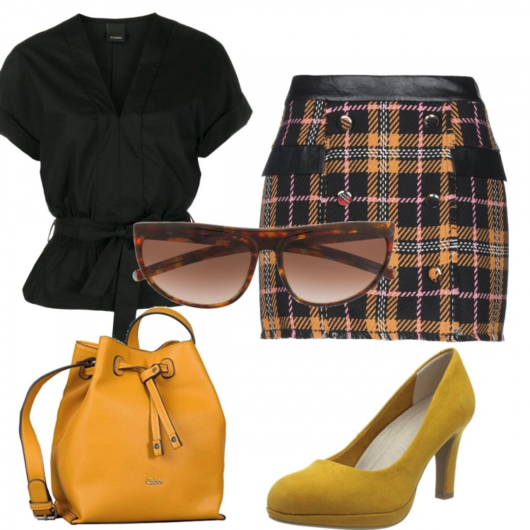 Outfit donna - Trendy #69493. Stile Trendy per Ufficio. Abbinamento con occhiali da sole, camicie a manica corta, minigonne, scarpe col tacco, borse a secchiello.