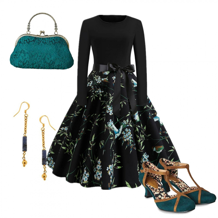 Outfit donna - Chic #38485. Stile Chic Abbinamento con vestiti midi/longuette, scarpe col tacco, orecchini, pochette.