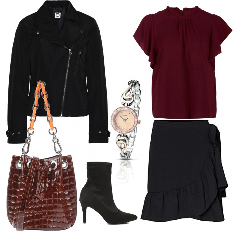 Outfit donna - Offerte di ottobre. Stile Trendy per Tutti i giorni. Abbinamento con bluse, stivaletti, cappotti, borse a mano, gonne, orologi.