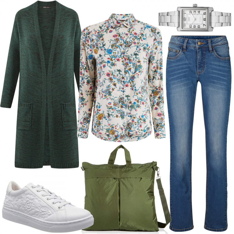 Outfit donna - Finalmente è venerdì. Stile Basic per Tutti i giorni. Abbinamento con jeans dritti, orologi, cardigans, bluse, borse a spalla, sneakers.