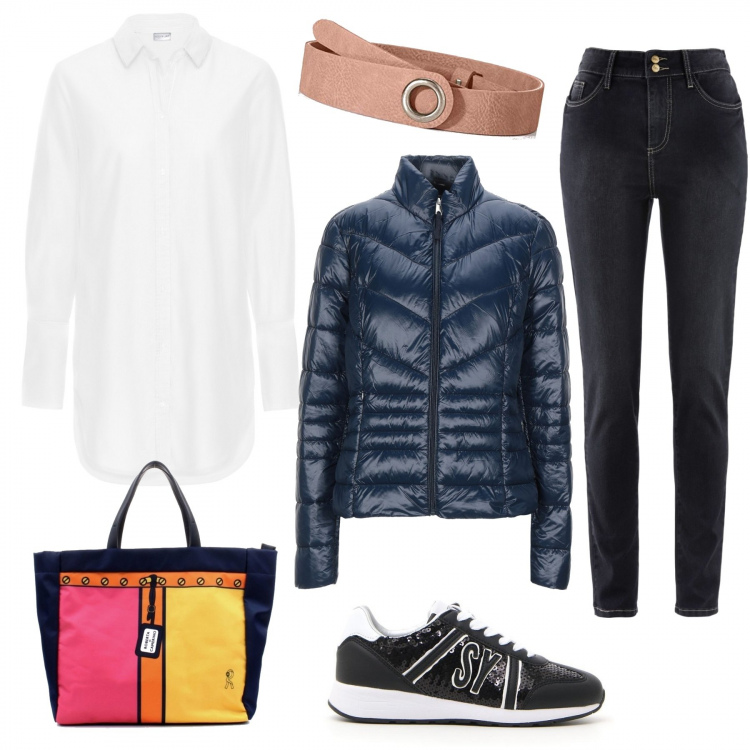 Outfit donna - Curvy: la cintura sulla camicia. Stile Basic per Tutti i giorni. Abbinamento con jeans, camicie, piumini, shopping bag, sneakers, cinture.
