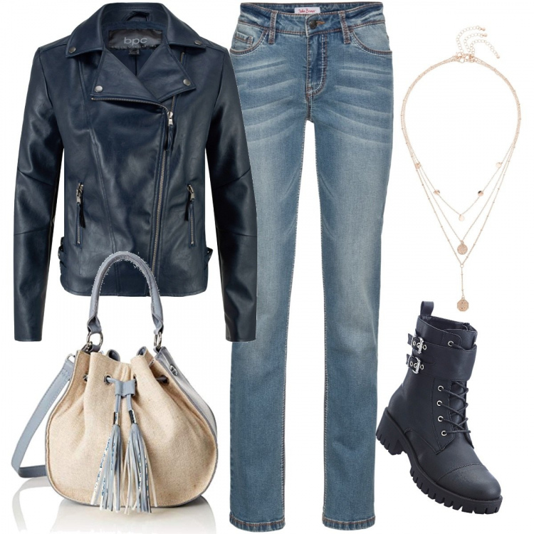 Outfit donna - Polvere di stelle. Stile Trendy per Tutti i giorni. Abbinamento con jeans dritti, top, blazer, stivaletti, ciondoli, borse a spalla.