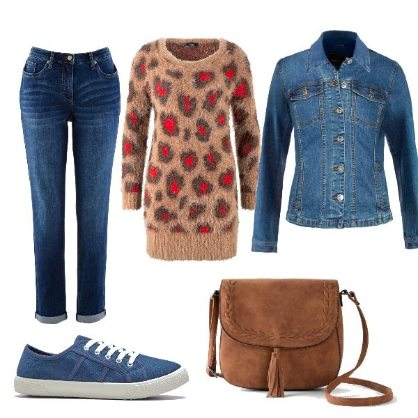 Outfit donna - Momenti di relax. Stile Etnico per Tutti i giorni. Abbinamento con jeans boyfriend, blazer, maglioni, sneakers, borse a tracolla.