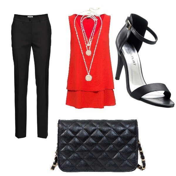 Outfit donna - A cena con amici. Stile Trendy per Serata fuori. Abbinamento con pantaloni, borse a tracolla, top, ciondoli, sandali col tacco.