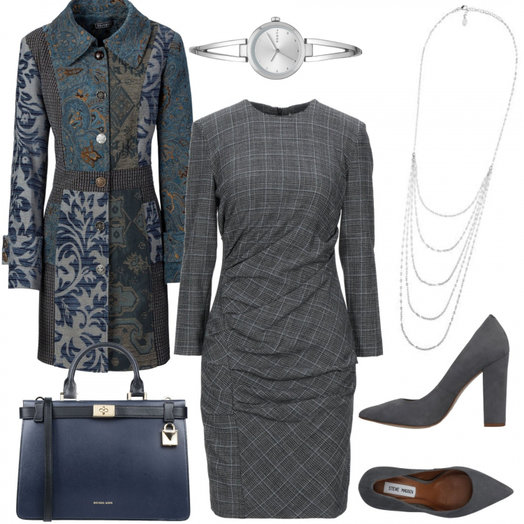 Outfit donna - Appuntamento di lavoro. Stile Chic per Ufficio. Abbinamento con cappotti, vestiti corti, décolleté, borse a mano, orologi, ciondoli.